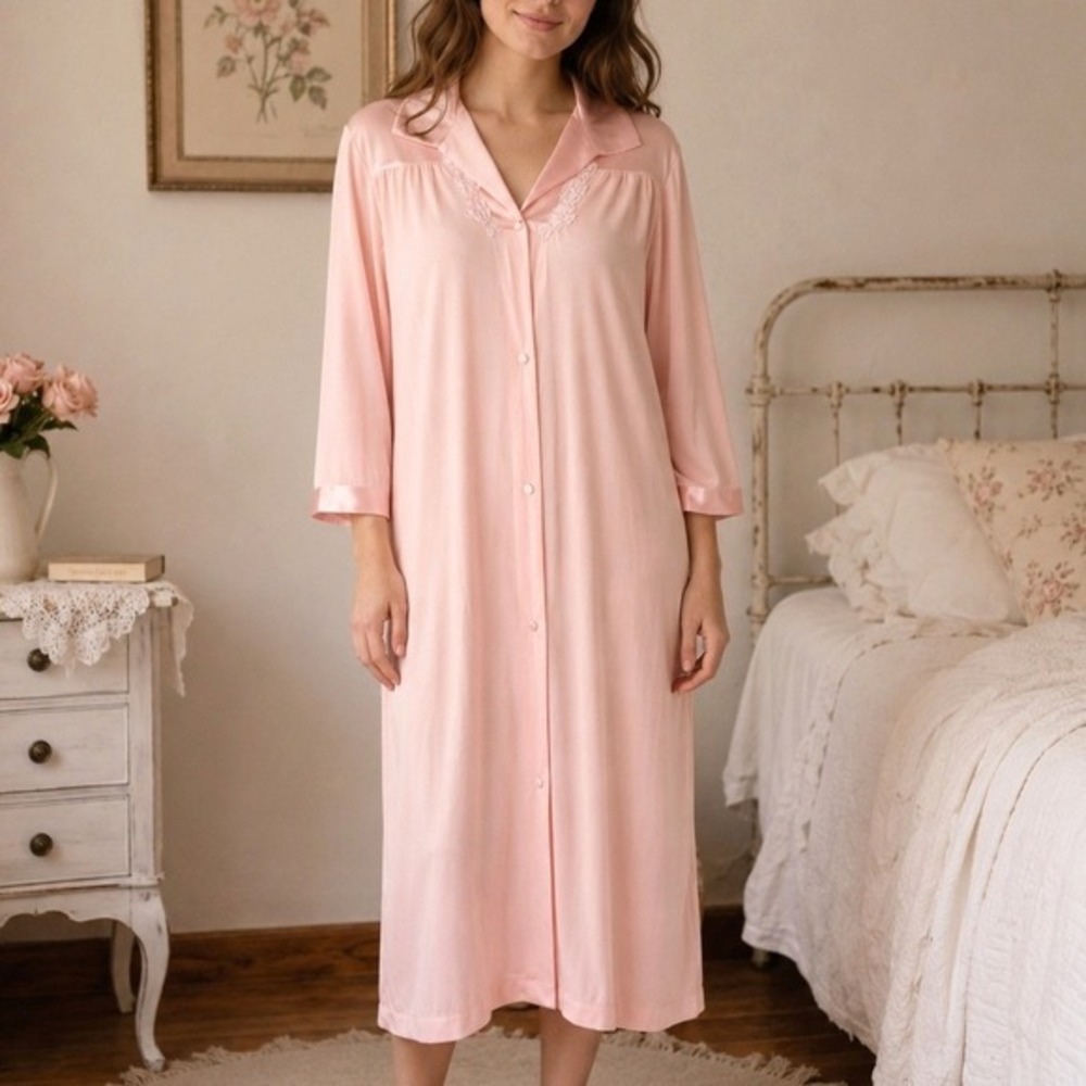 VTG 70s Vanity Fair‎ Pink Nightgown Lounge Dress S Sheer USA Cottagecore